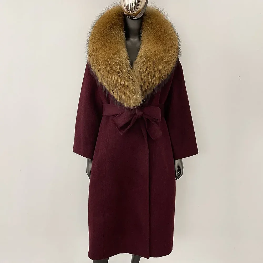 2024 New Oversize Ladies Outerwear Real Fur Coat Winter Women Natural Fox Fur Collar Jacket Hood Cashmere Woolen Blend Coat