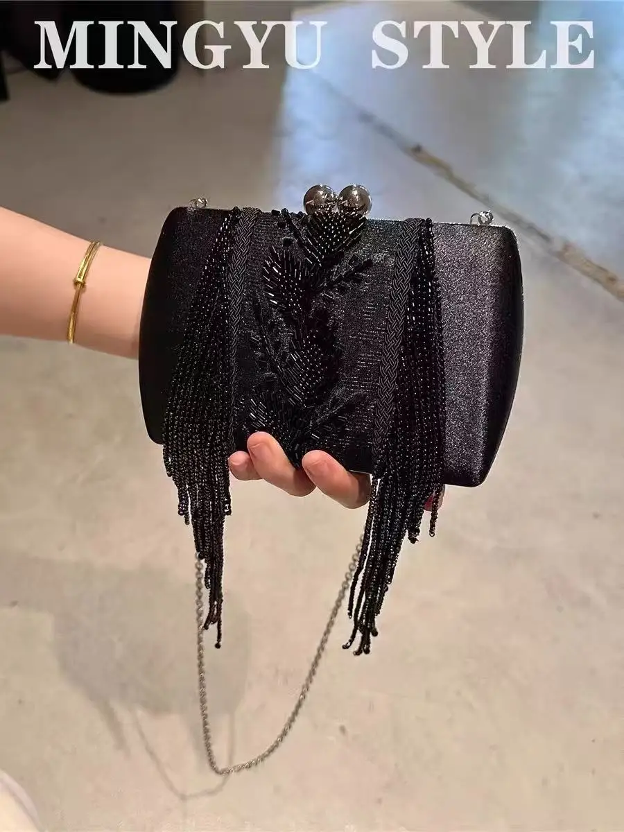 

Black Beads Beading Tassel Square Bag Beads Beaded Handmade Women Handbag Wedding Party Luxury Clutch Purse Fashion Shoulder Bag