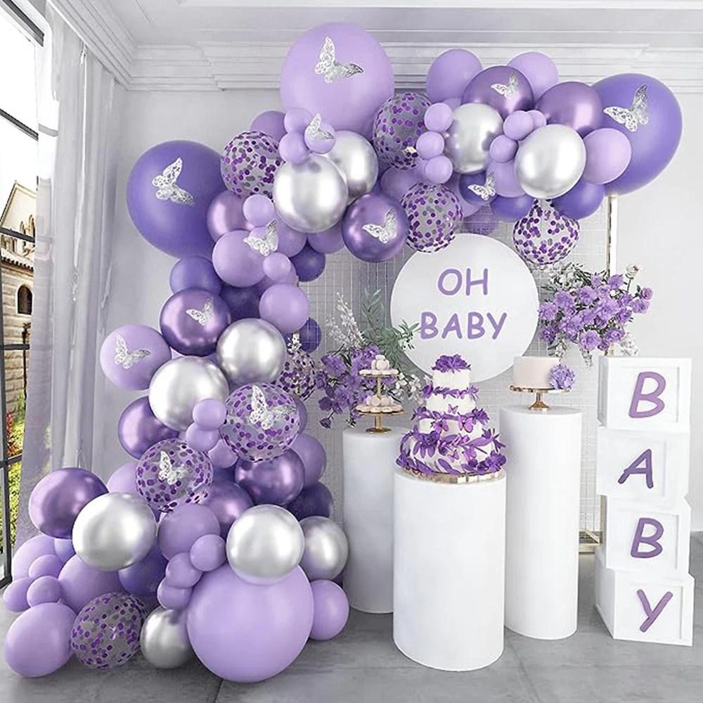 Macaron Purple Balloons Garland Arch Kit Metallic Purple Silver Latex Balloon Birthday Party 3D Butterfly Background Decoration