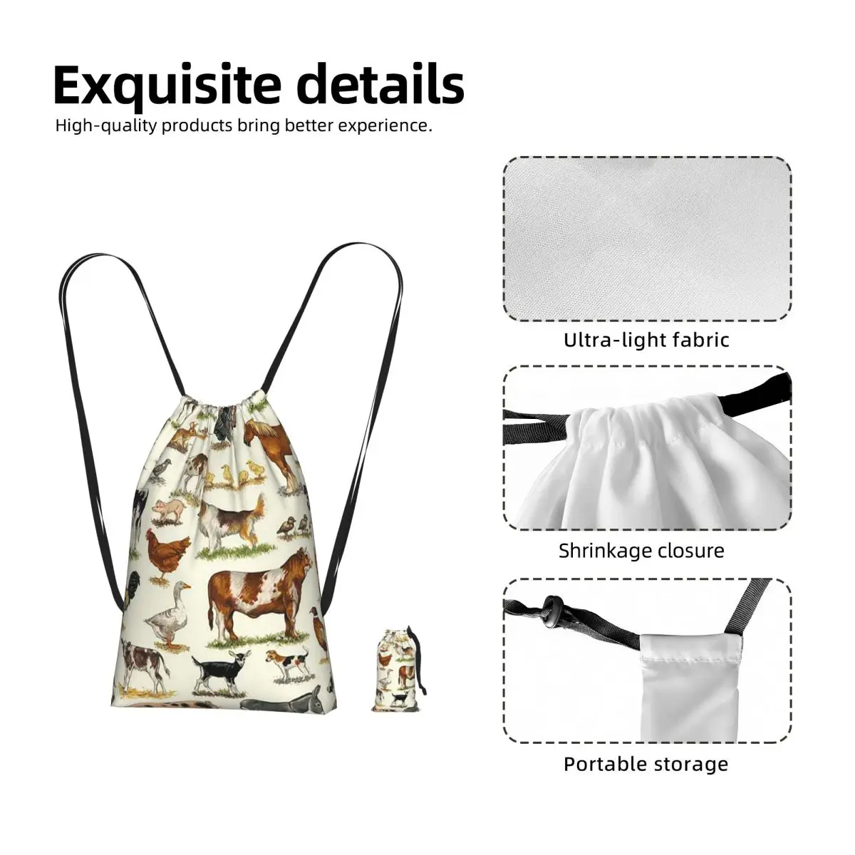 Country Farm Animals Farmhouse Village Pet Drawstring Backpack hiking cycling Bag Portable Travel Drawstring Bag for Men Women