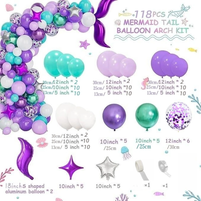 118Pcs A set of mermaid themed balloon arch set, mermaid tail silver star foil balloon birthday wedding party decoration