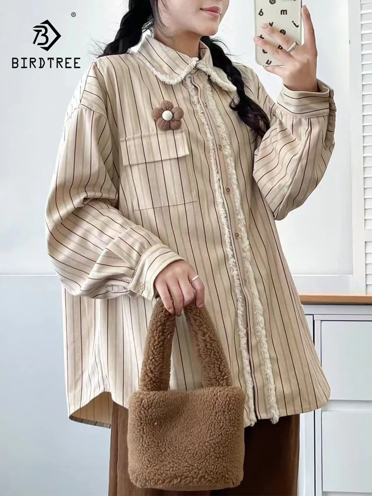 

Новинка 2025, осенняя хлопковая вельветовая рубашка с длинными рукавами, женская полосатая рубашка с лацканами, свободная флисовая блузка Mori Girl для снижения возраста T5N320CC