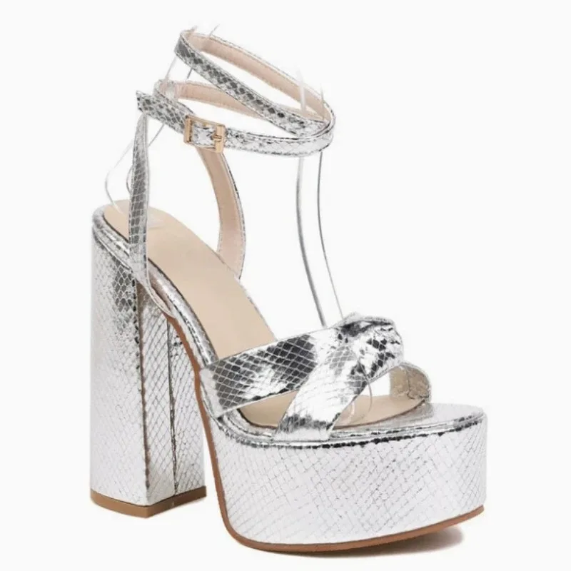 Women\'s Sandals Platform Party Office Pumps PU15CM Square Heel Summer Buckle Strap Tied Round Toe Platform Hate Sky Women Shoes