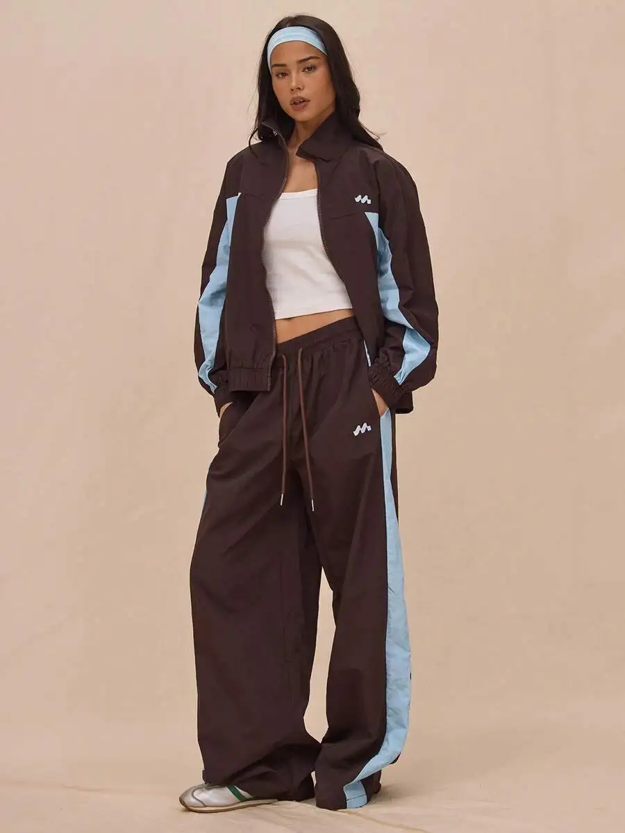 

Women's Wide Leg Nylon Tracksuit Pants with Contrast Side Panels