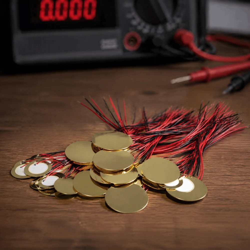 30PCS Disc Diameter: 27mm Piezo Pickup Thick 0.4mm Cord Length 330mm Sound Sensor Brass Red+Black Microphone Trigger Element