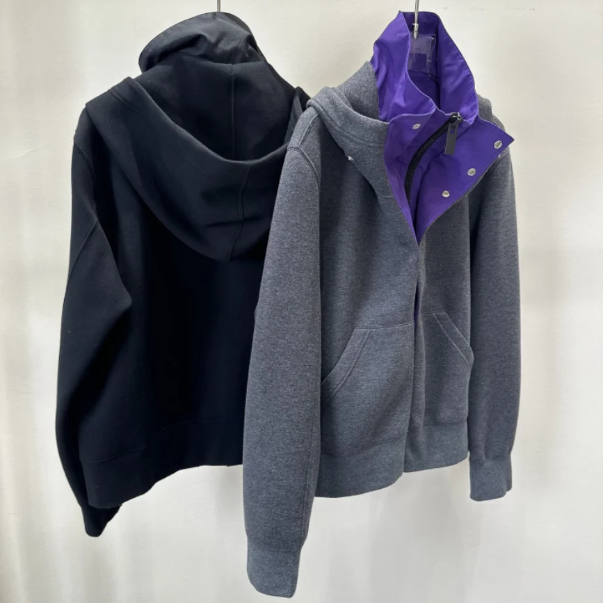 2025 AW جديد اليابانية المتخصصة تصميم وهمية قطعتين كتلة اللون تقسم مقنعين الوقوف طوق وسادة مبطنة المرأة معطف القطن الدافئ