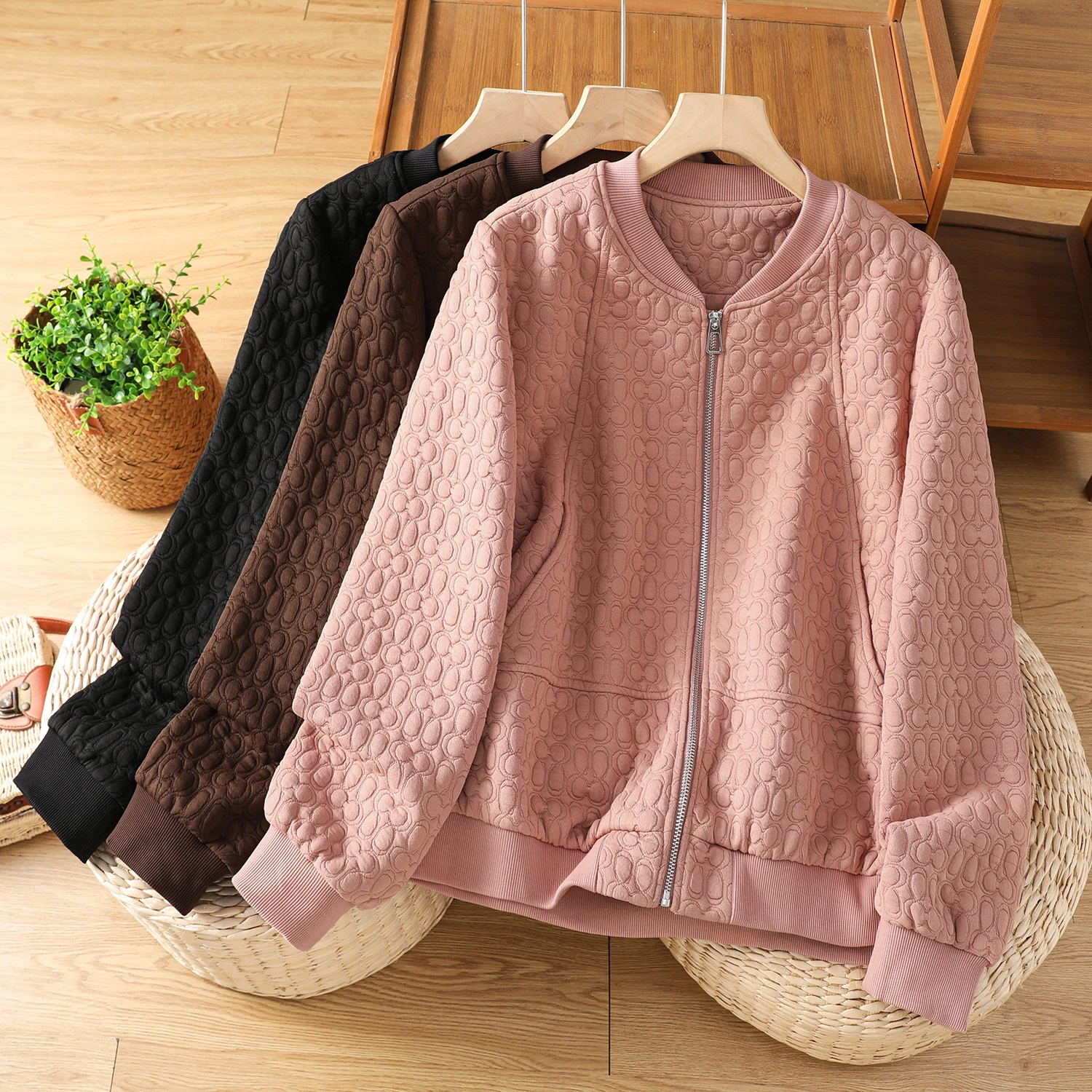 

Женское весенне-осенне-зимнее повседневное свободное бейсбольное пальто на молнии на молнии, однотонное верхнее пальто из смеси хлопка и полиэстера на открытом воздухе