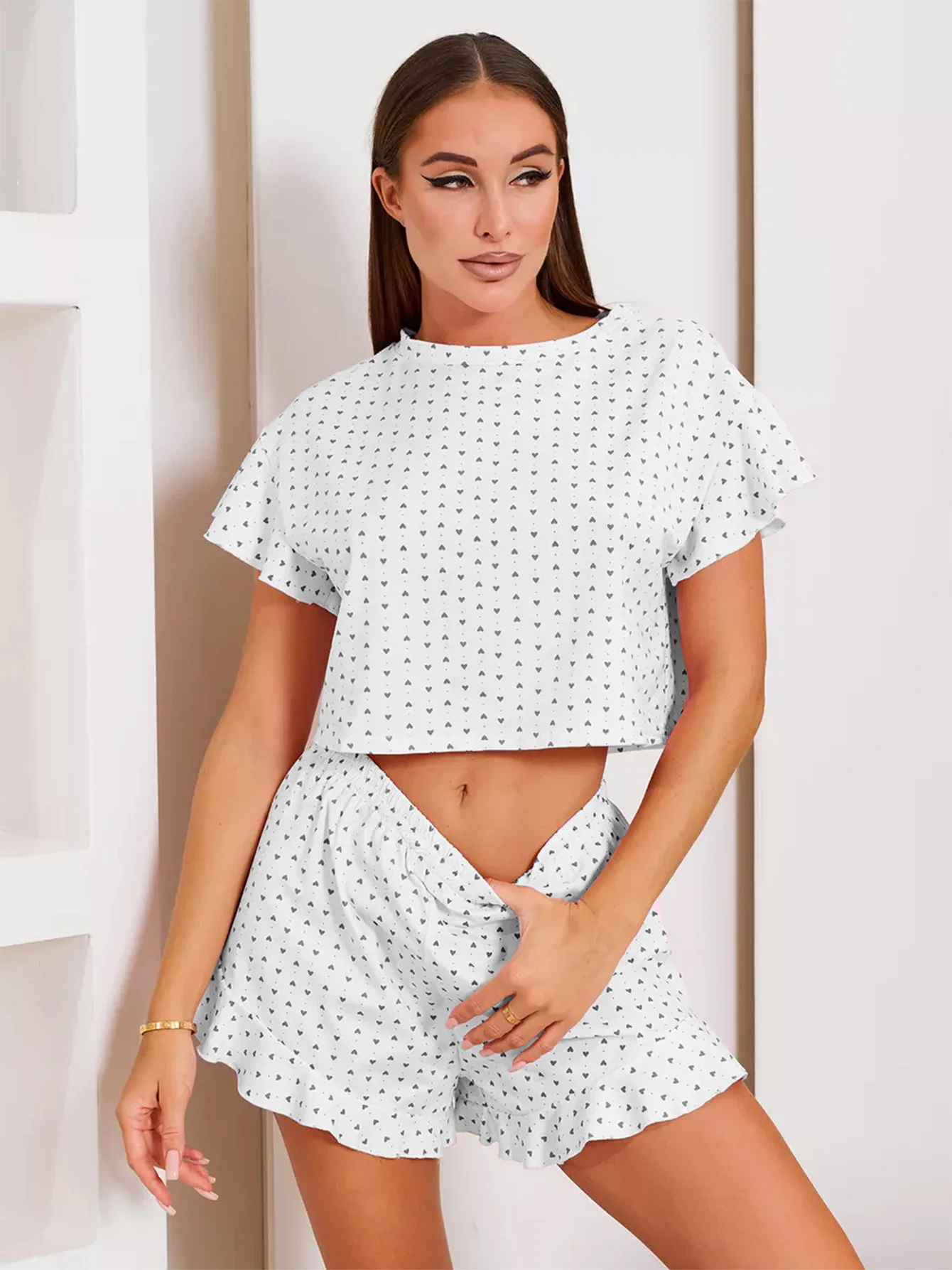 

casual Sexy Loose Short Sleeve Crop Tops and Shorts 2 Pieces Sets sleepwear Summer pink Heart Printed Pajamas Set Women Homewear