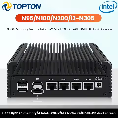 Topton Solid Firewall Computer Intel i3 N355 N305 8 Core 4xi226-V 2.5G Mini PC N200 N100 DDR5 2xNVMe Fanless Proxmox Home Server