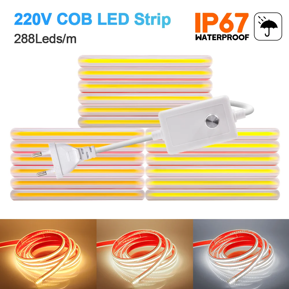 

AC 220V LED COB Strip IP67 Waterproof 288LEDs/M High Density Flexible Tape FOB LED Ribbon Adhesive Dimmable Linear Lighting