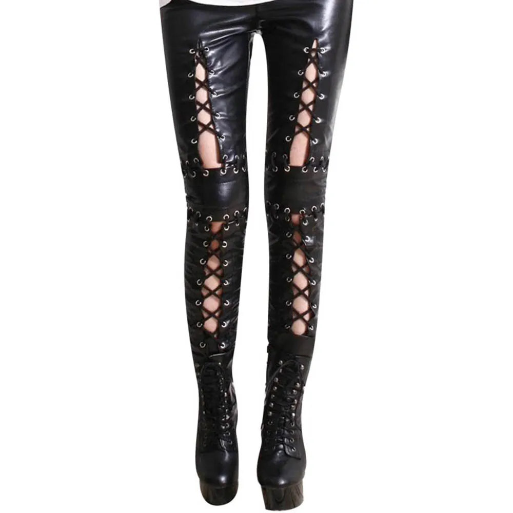 Mallas elásticas de piel sintética para mujer, Leggings de PU ahuecados con cordones, fetiche, Sexy, negro, Punk, Rock