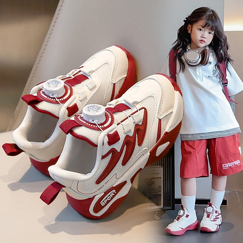 Boys Girls Casual Sneakers Rotating Button Kids Running Shoes Thick Soft Sole 2025 Autumn New Children Sports Shoes Non-slip