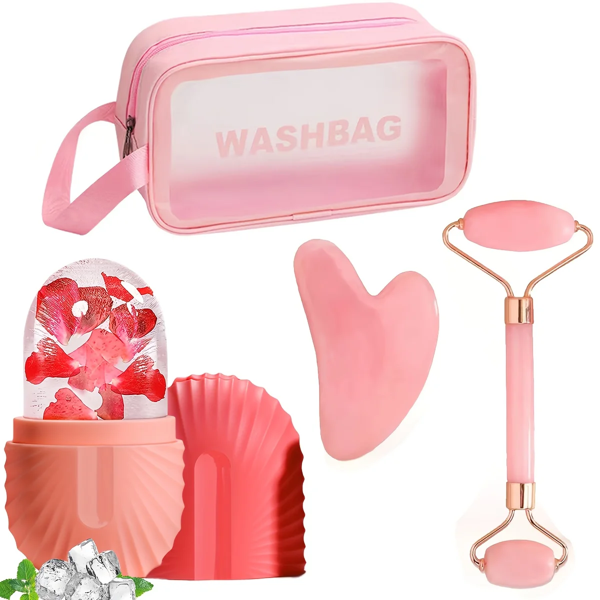 Juego de herramientas de masaje facial de 4 piezas, que incluye masajeador con rodillo, palito para paletas, tabla raspadora y bolsa de aseo. Herramientas para el cuidado de la piel