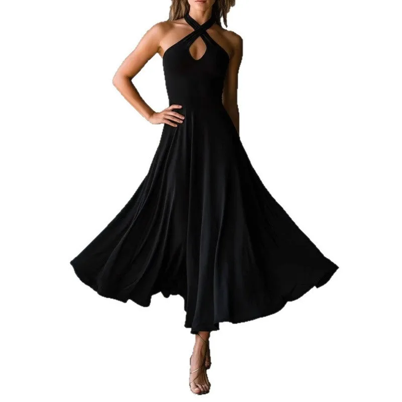 Mid Waist Halter Neck Dress a Line Commuter Chic with Maxi Elegant Patchwork Sleeveless Full Swing Pullover Dresses for Women