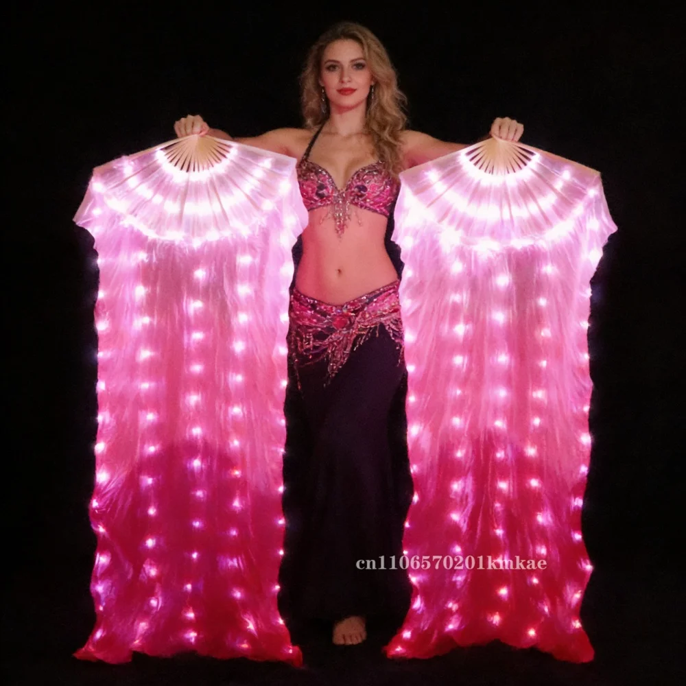 LED Lighted Dance Fans with Rainbow Silk Fabric, Flowing Glowing Veil Fans for Belly Dance, Performance and Festival Eve