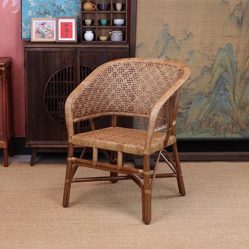 Natural Rattan Chair Furniture Elderly Home Backrest Single Hand-woven Balcony Leisure Articulos Para El Hogar Tea Office Chair