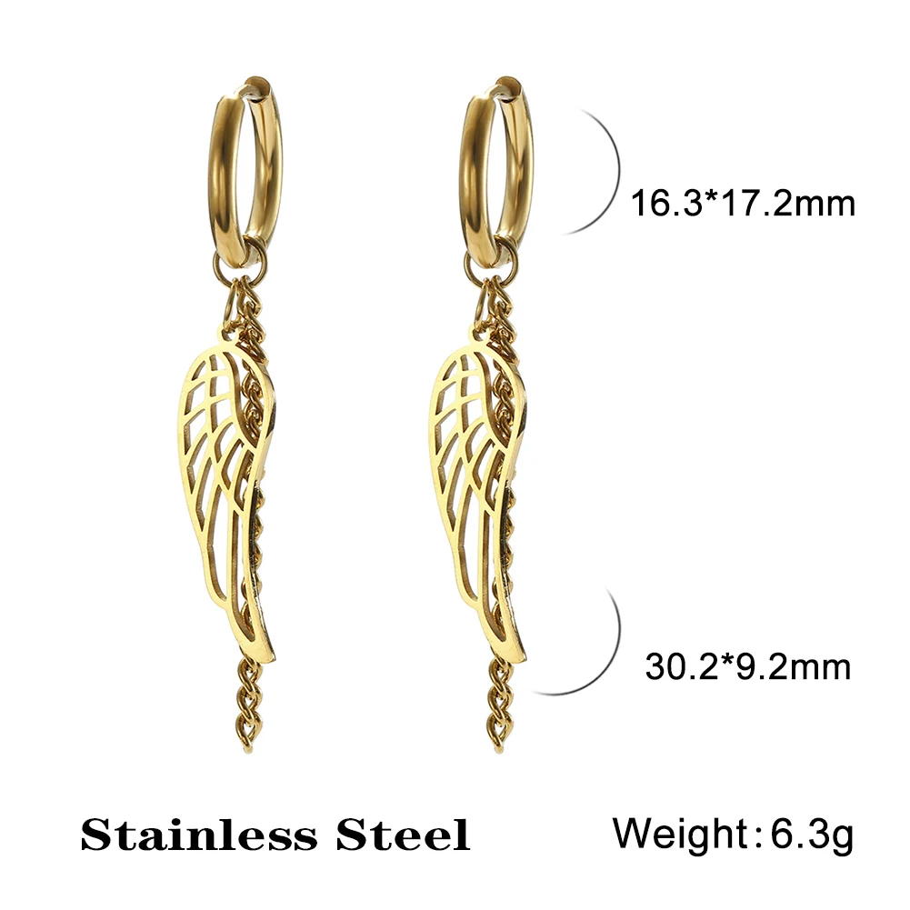 Lucktune Angel Wing Clip Earrings Stainless Steel Fashion Tassel Dangle Piercing Earrings for Women Kpop Jewelry Party Gifts