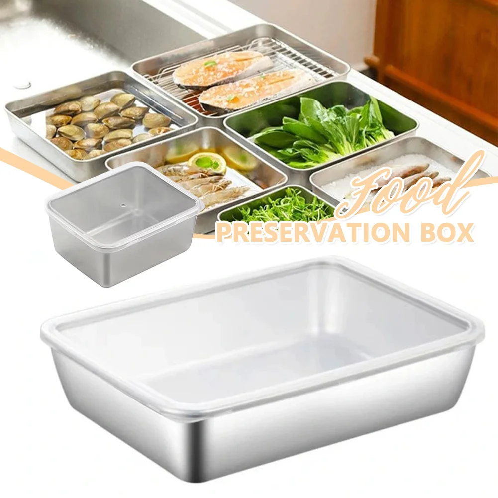 

Stainless Steel Square Plate With Lid Rectangular Food Storage Pan Commercial Dish Tray Large Freshing Lunch Box Container