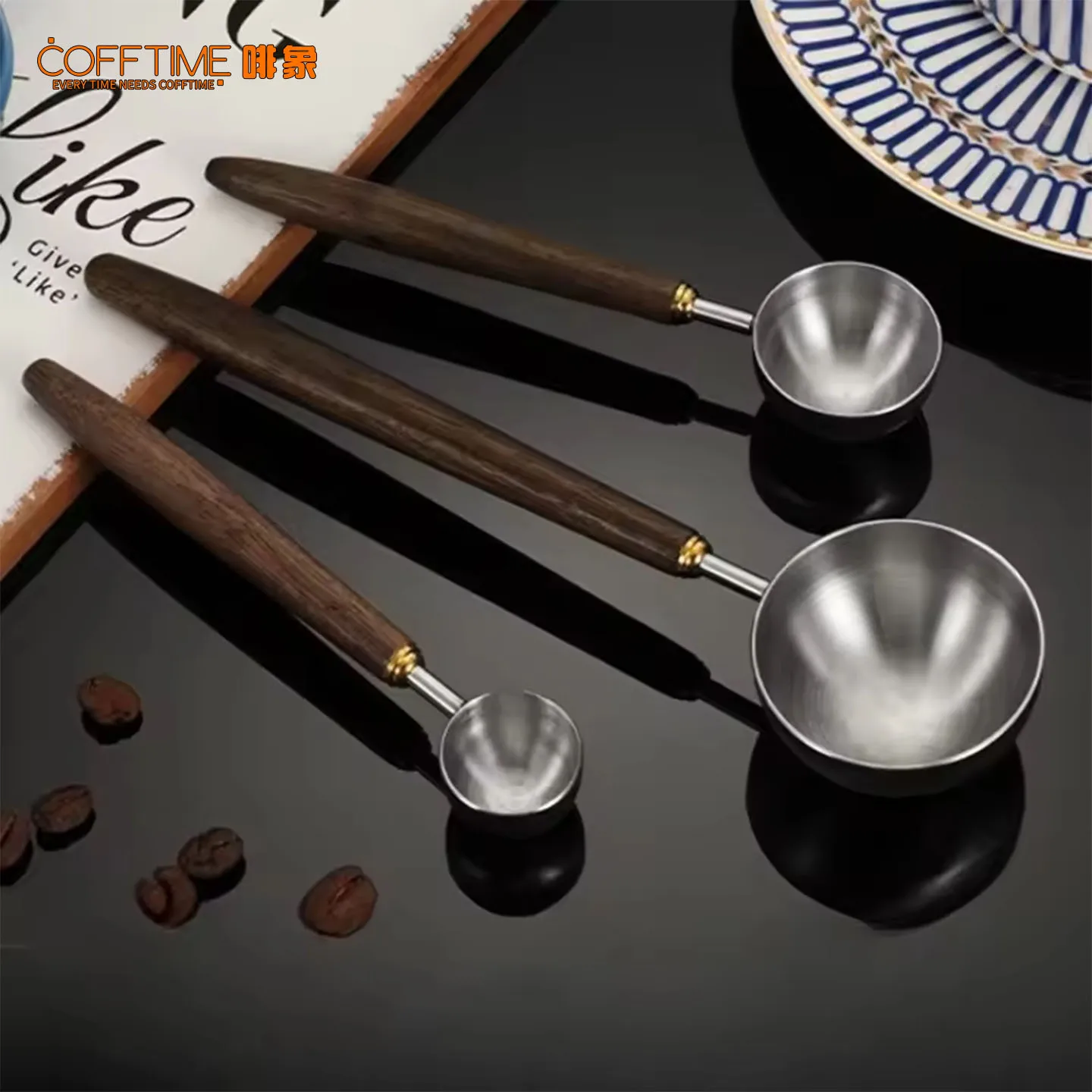 25ml Wooden Handle Stainless Steel Coffee Scoop Tablespoon Measuring Spoon Walnut Wood Long Handle Coffee Spoons Cafe Decoration