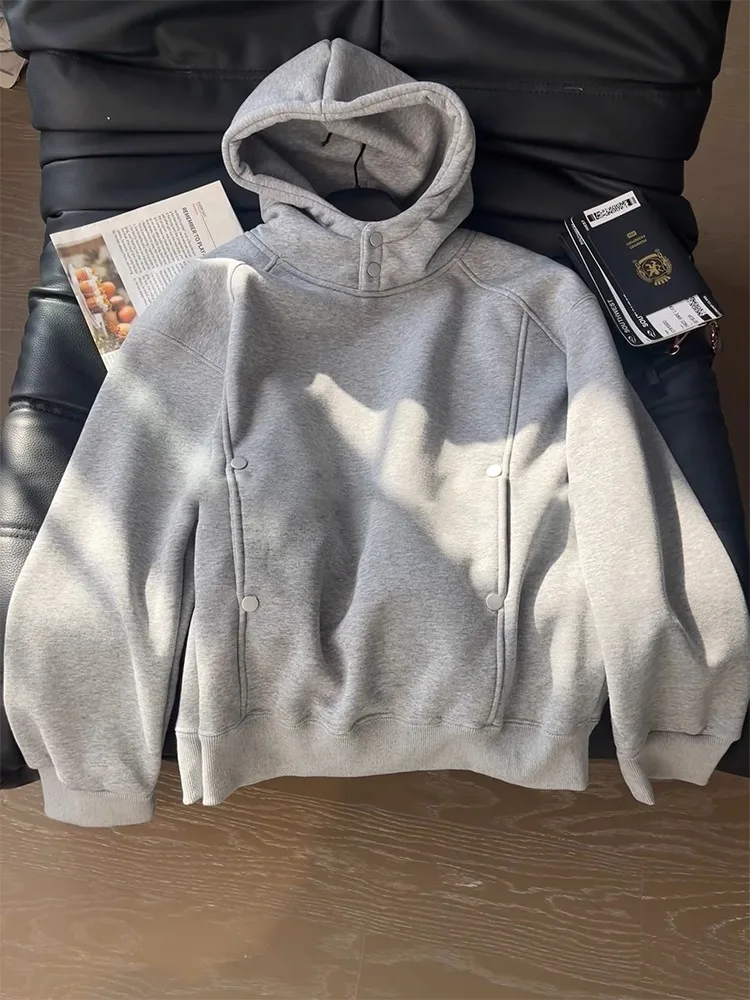 American Deconstructed Button-Up Hoodie Men's Autumn High-Neck Casual Short Versatile Couple's Top Polyester Fiber Long Sleeve