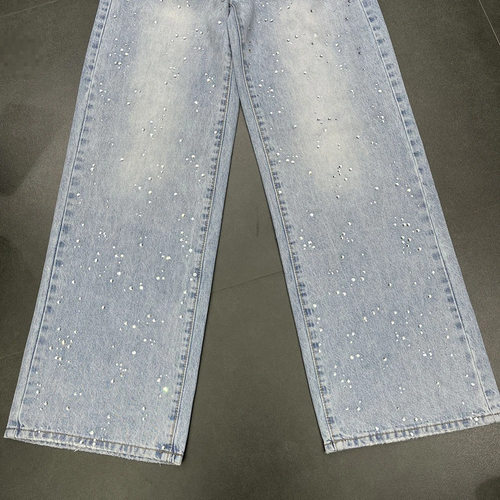 TWOTWINSTYLE Casual Slimming Jeans For Women High Waist Spliced Diamonds Spring Design Sense Trousers Female Fashion KPA557168