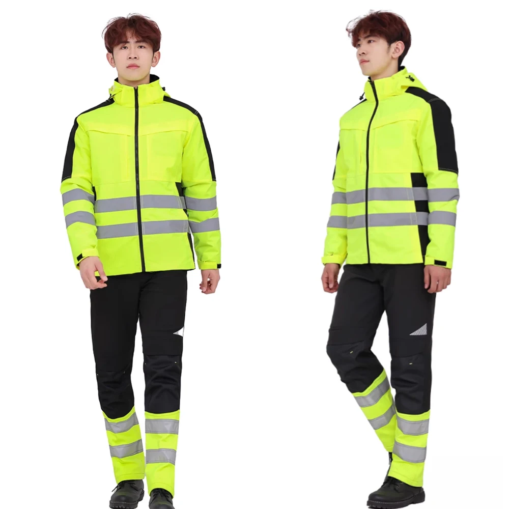 Hi Vis Working Clothes Winter Reflective Jacket Waterproof High Visibility Safety Work Sets with Detachable Cotton Linner ﻿