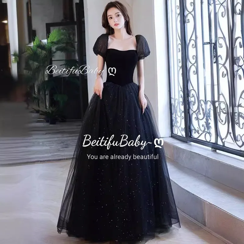 BeitifuBaby Vintage Women's Evening Party Dresses Off The Shoulder Lace-up Bow Banquet Black Gown Prom Dress for Women Vestidos