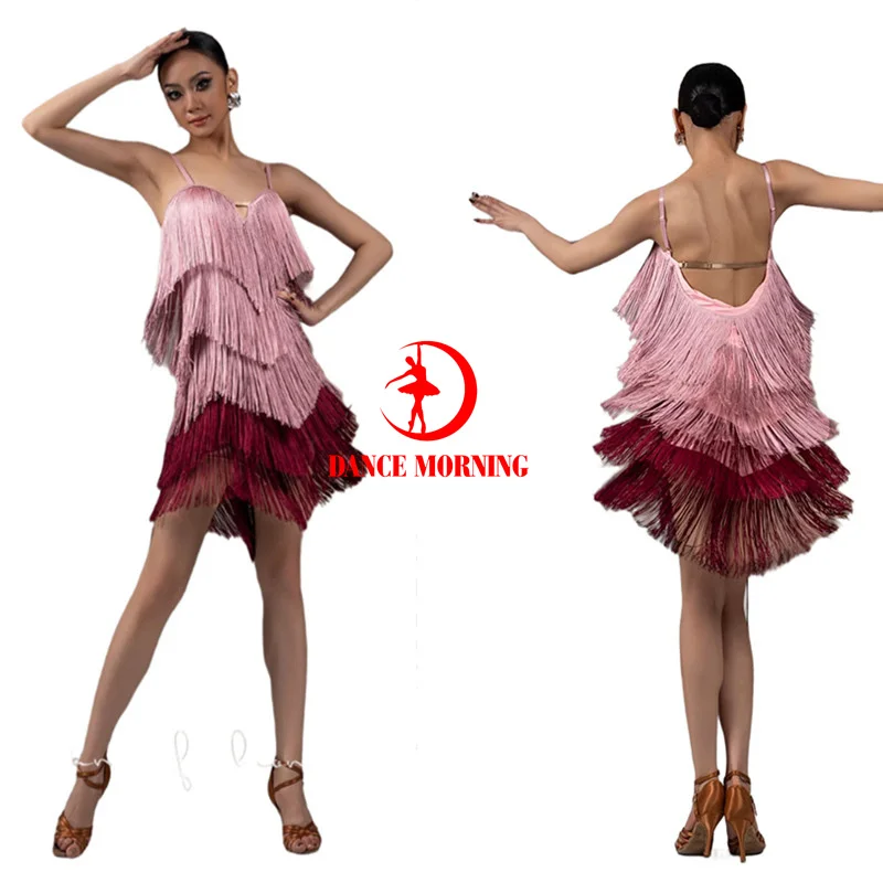 

fringe Latin dress salsa dress competition dress wine red pink patchwork W24A357