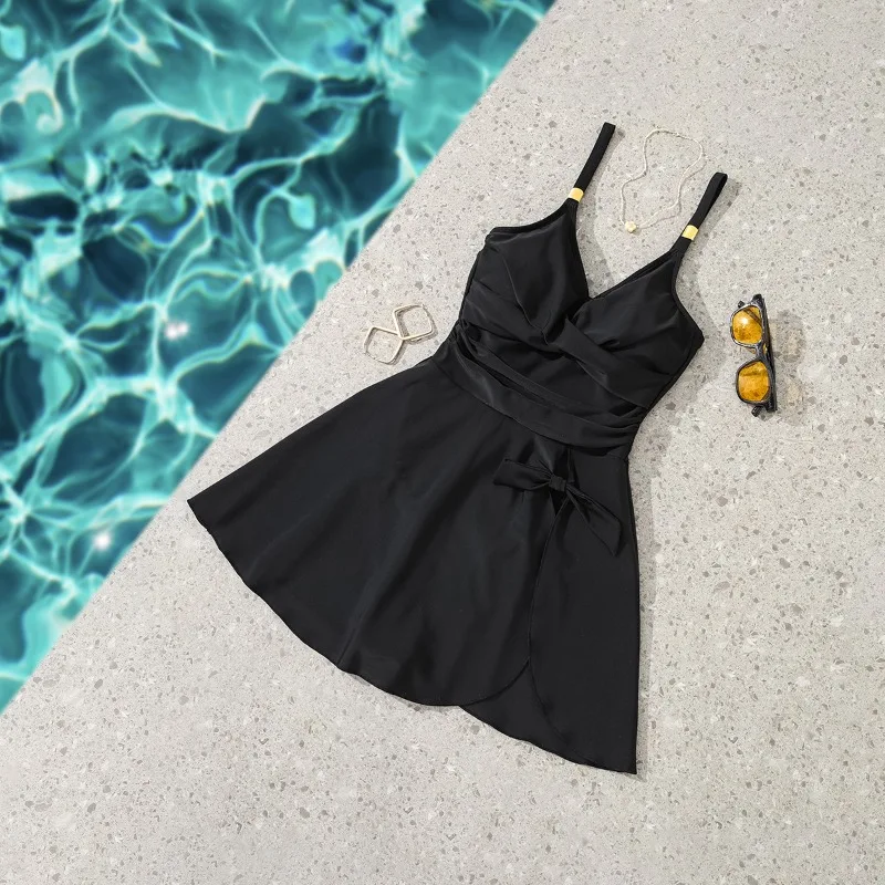 

Слитный купальник-платье с V-образным вырезом, однотонный, для женщин, для пляжного отдыха