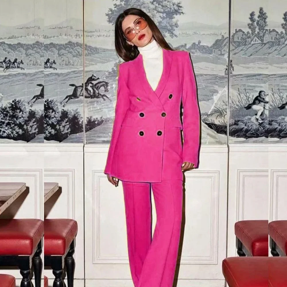 

Pink Women Suit 2 Piece Jacket Pants Double Breasted Peak Lapel Female Clothing Fit Wedding Tuxedo Wear Lady Blazer Set