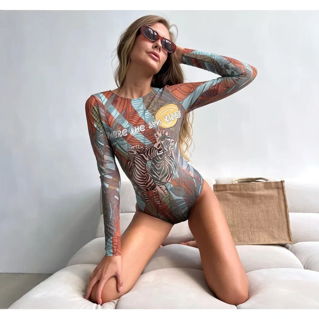 Sexy One Piece Printed Swimsuit Bikini Long Sleeved Set High Waist Bikinis Swimwear Beach Swimsuit Long Sleeves Sun Protection