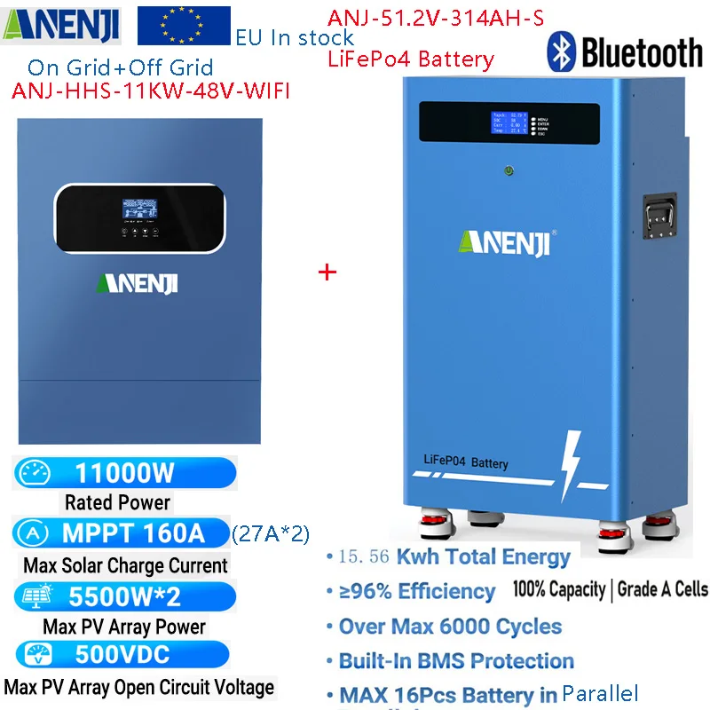 Onduleur solaire hybride ANENJI 11KW 48V avec batterie LiFePo4 48V 300AH, onduleur hors réseau AC 220VAC, double MPPT, double sortie AC, 2 entrées PV 500VDC, cellules de grade A 51.2V 300AH, batterie lithium 48V 16KWH avec roues, 314Ah, plus de 6000 cycles, Bluetooth CAN/RS485 BMS