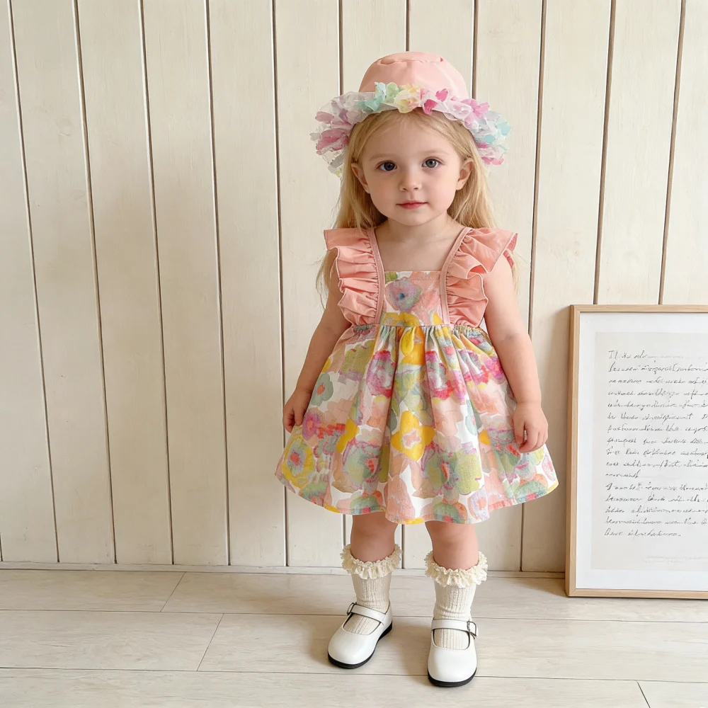 

Летнее хлопковое платье для девочки с цветочным принтом, с короткими рукавами-крылышками, милое пляжное платье для малышки, одежда для девочек ﻿