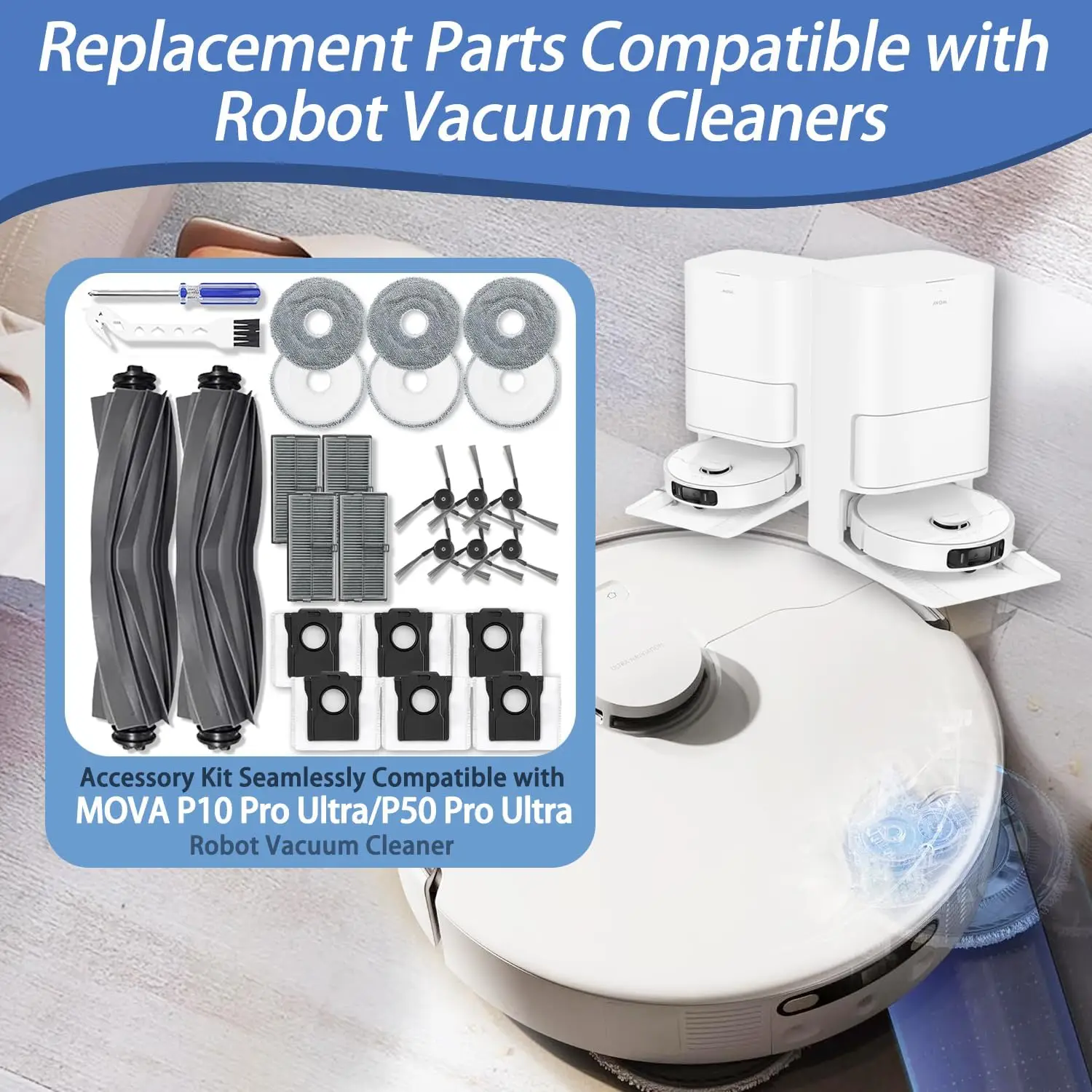 Replacement Parts Kit For MOVA P10 Pro Ultra/P50 Pro Ultra Robot Vacuum Accessories, Main Side Brush,Filter,Mop Cloth,Dust Bags view 2