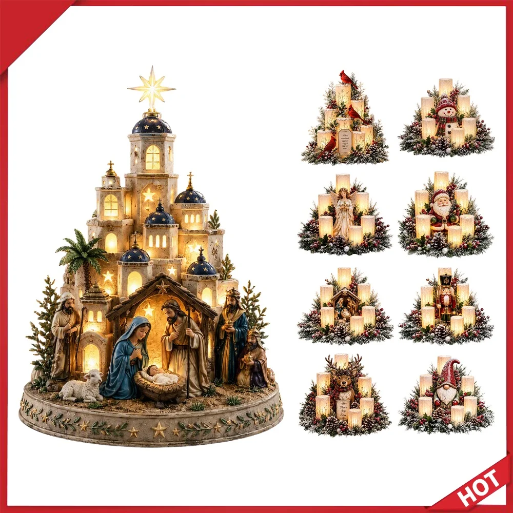 Christmas Lighted Resin Tree Village Centerpiece Warm Golden LED Glow 360° Scenic Festive Decor