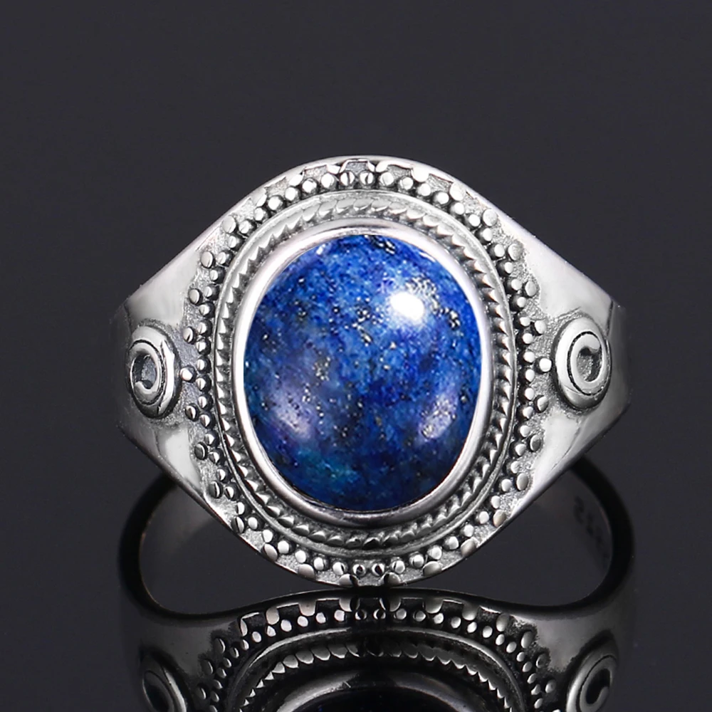 S925 Silver Ring Big Oval 8*10MM Natural Moonstone Turquoise Lapis Tiger Eye Rings for Women Gifts Fine Jewelry