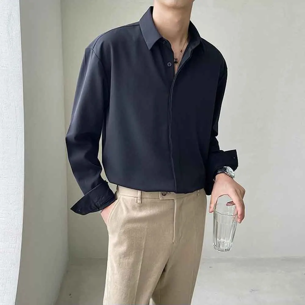 Mens Summer Shirt Plain Inner Layer Casual Shirt Fashion Business Daily Outdoor Versatile Simple Long-Sleeve Top Men'S Clothing