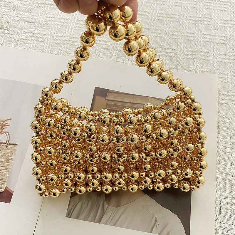 

Golden Acrylic Round Beaded Handbag Fashionable Trendy Hollow Out Design Women's Handheld Weddings and Festive Parties Clutches