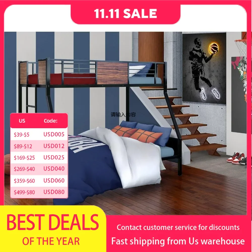 Full Twin Bunk Bed ,  A Ladder with Two Steps and Guard Rails - Twin/Full-Size Bunk Bed  for Schol Dormitory