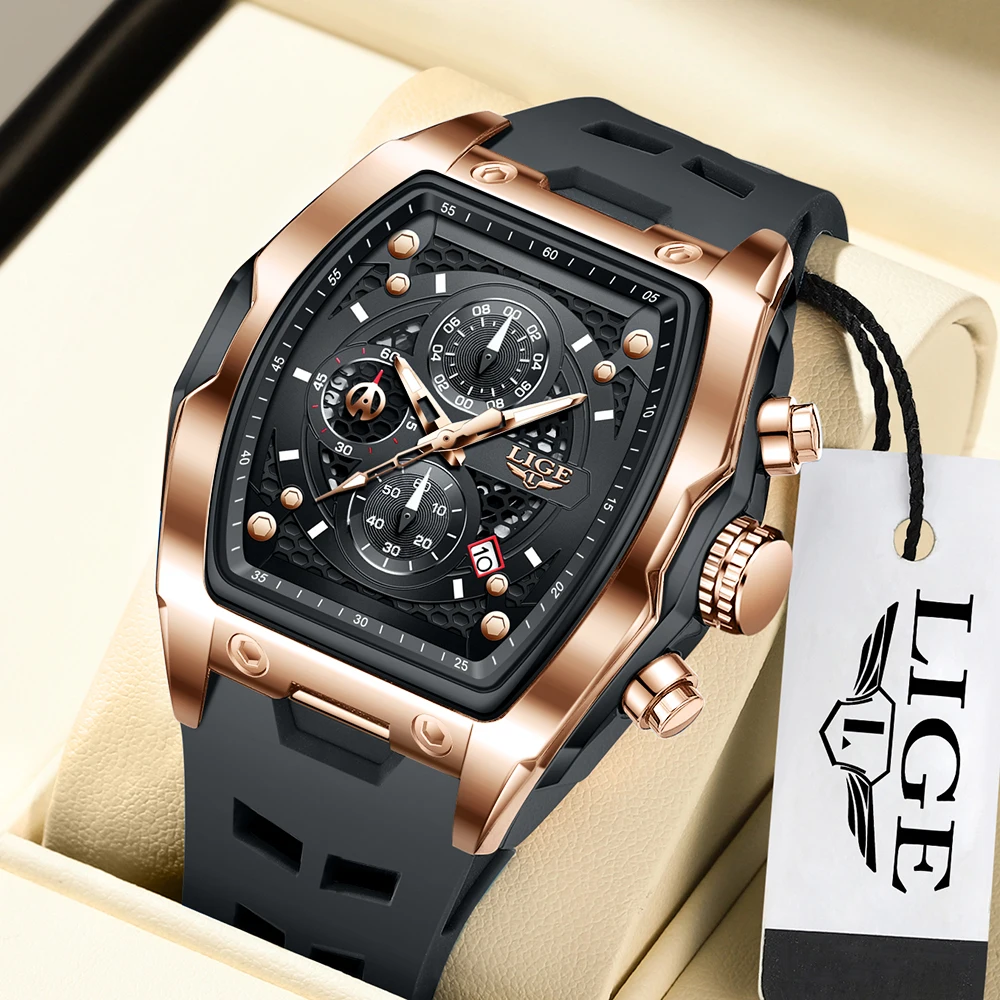 LIGE Men\'s Quartz Multifunction Watches Fashion Sports Chronograph 5ATM Waterproof Silicone Band Casual Man Wrist Watch For Men