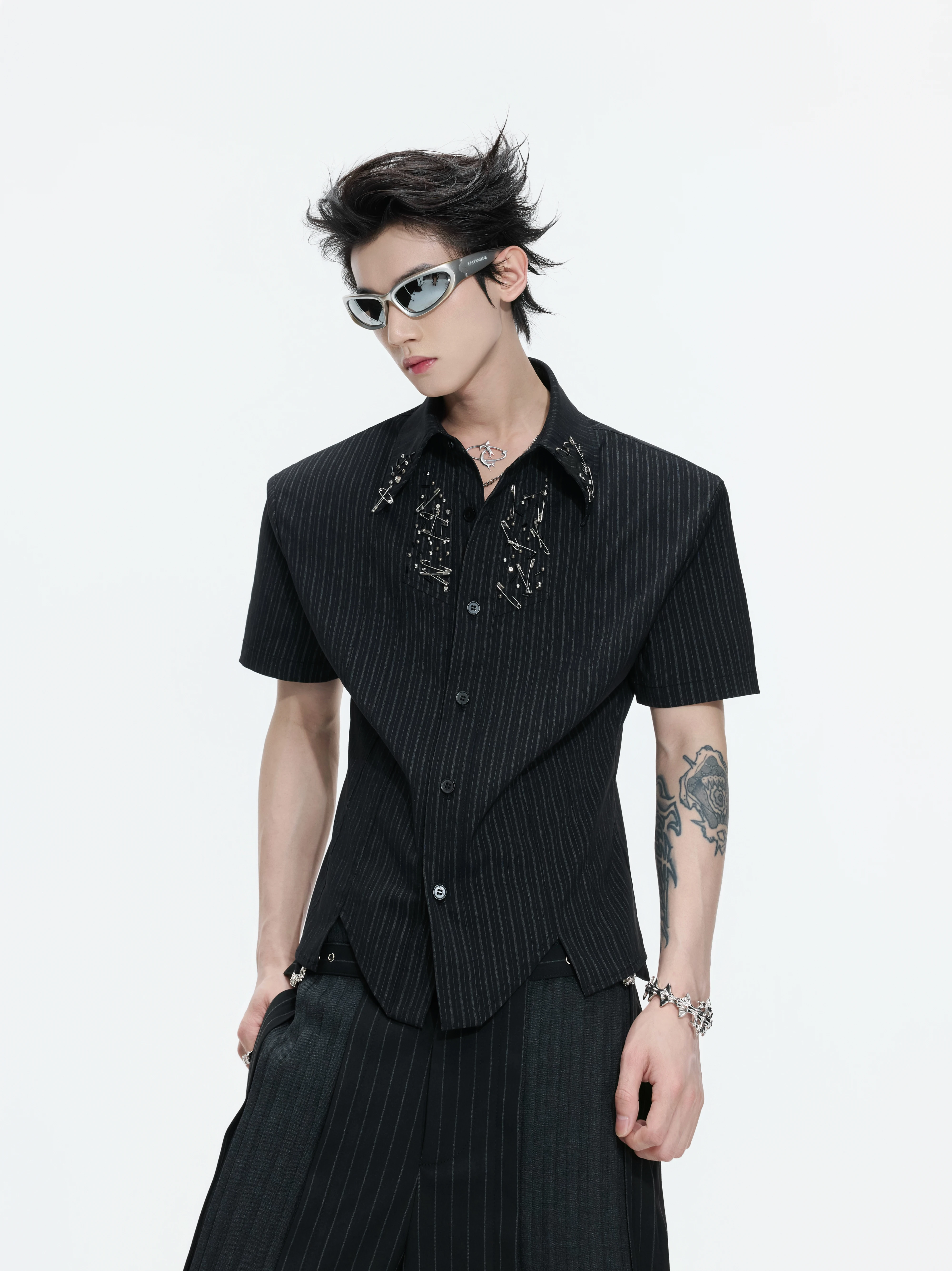 Argue Men's Short Sleeve Shirt Stand Collar Patchwork Striped Regular Fit Summer Casual Gothic Style Youthful Trend Summer