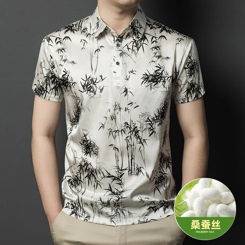 

Bamboo Printing Silk Blends Shirts For Men Short Sleeved Coolness Summer Quality Soft Comfortable Anti-Wrinkle Camisas De Hombre