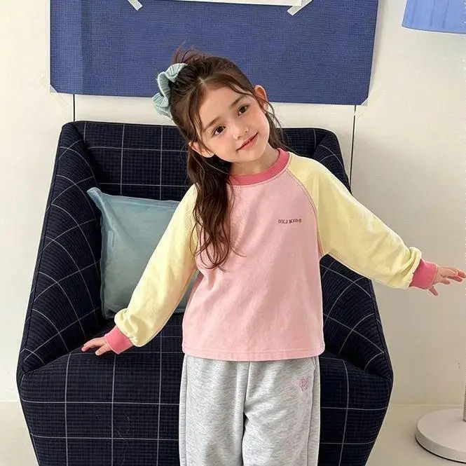 Children's Good-looking Autumn Outfit Contrasting Color Raglan Sleeve Long Sleeve Cotton T-shirt Boys' Versatile Base Shirt Top