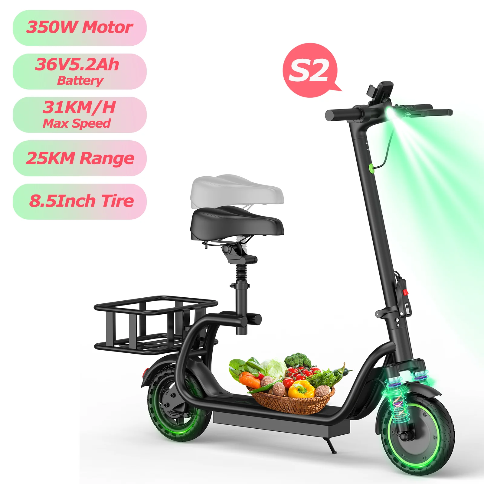 AOVOPRO S2Pro Elektrofahrrad Leistungsstarker Motor Elektroroller mit Sitz 36V9AH 35KM Reichweite Korb 8,5 Zoll E-Scooter Doppelbremse E-Bike mit Smart-App