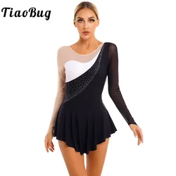 Strass feminino malha manga longa figura patinação vestido, collant de ginástica, traje dancewear, salão de baile competição