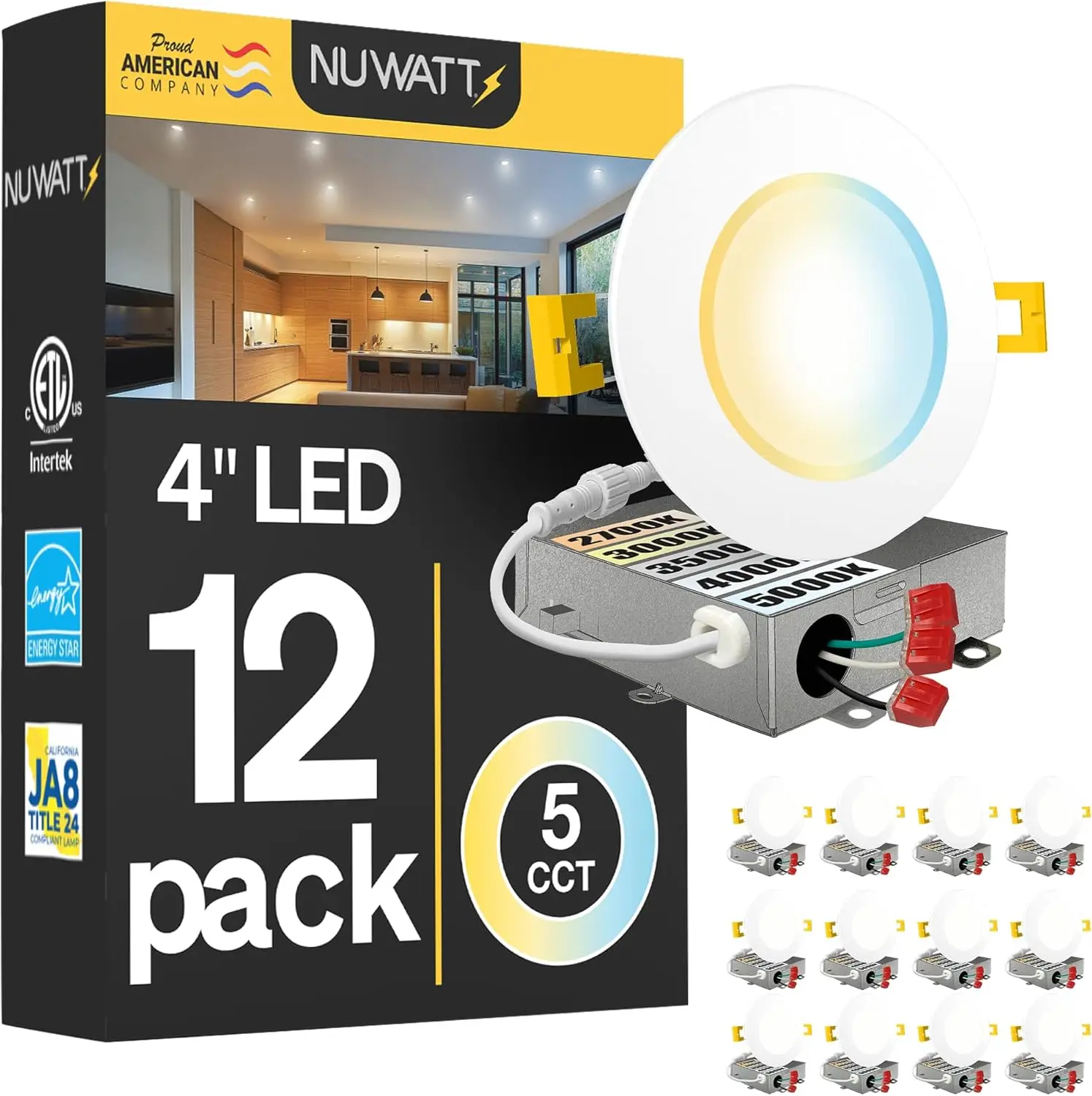 Ultra-Thin 4" LED Recessed Lighting 5CCT Selectable 2700K-5000K Dimmable 9W 630LM IC Rated ETL