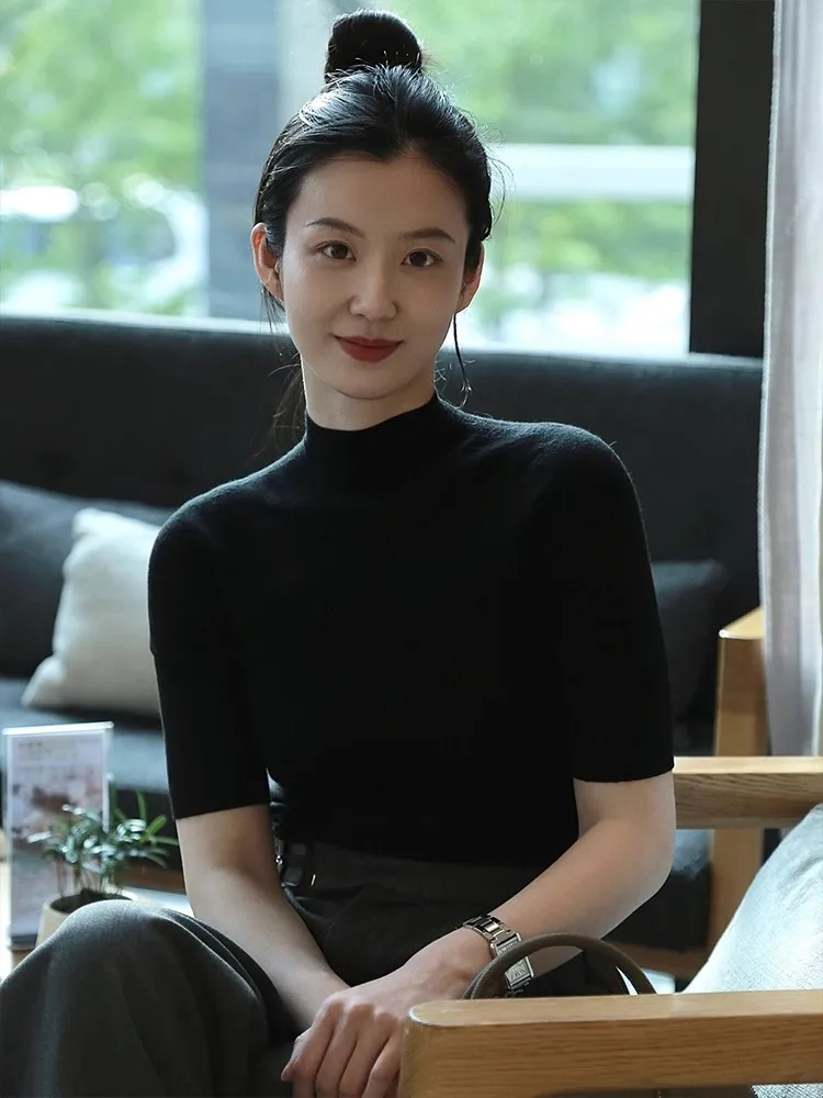 

Black Knitted Half High Collar Base Shirt Women's Slim Fit Outerwear Spring Autumn Winter Fashionable Commute Style Pure Color
