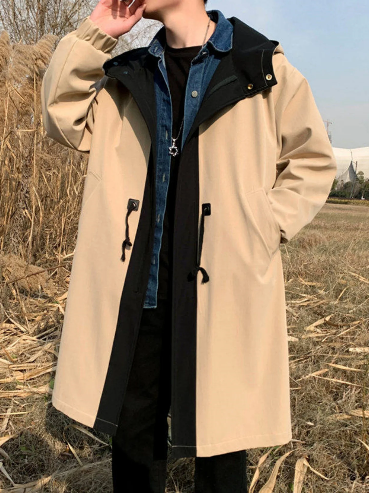 

Spring Autumn Men's Fake Two-Piece Windbreaker Coat Medium-Length British Style Casual Outdoor Fashion Youth Popularity