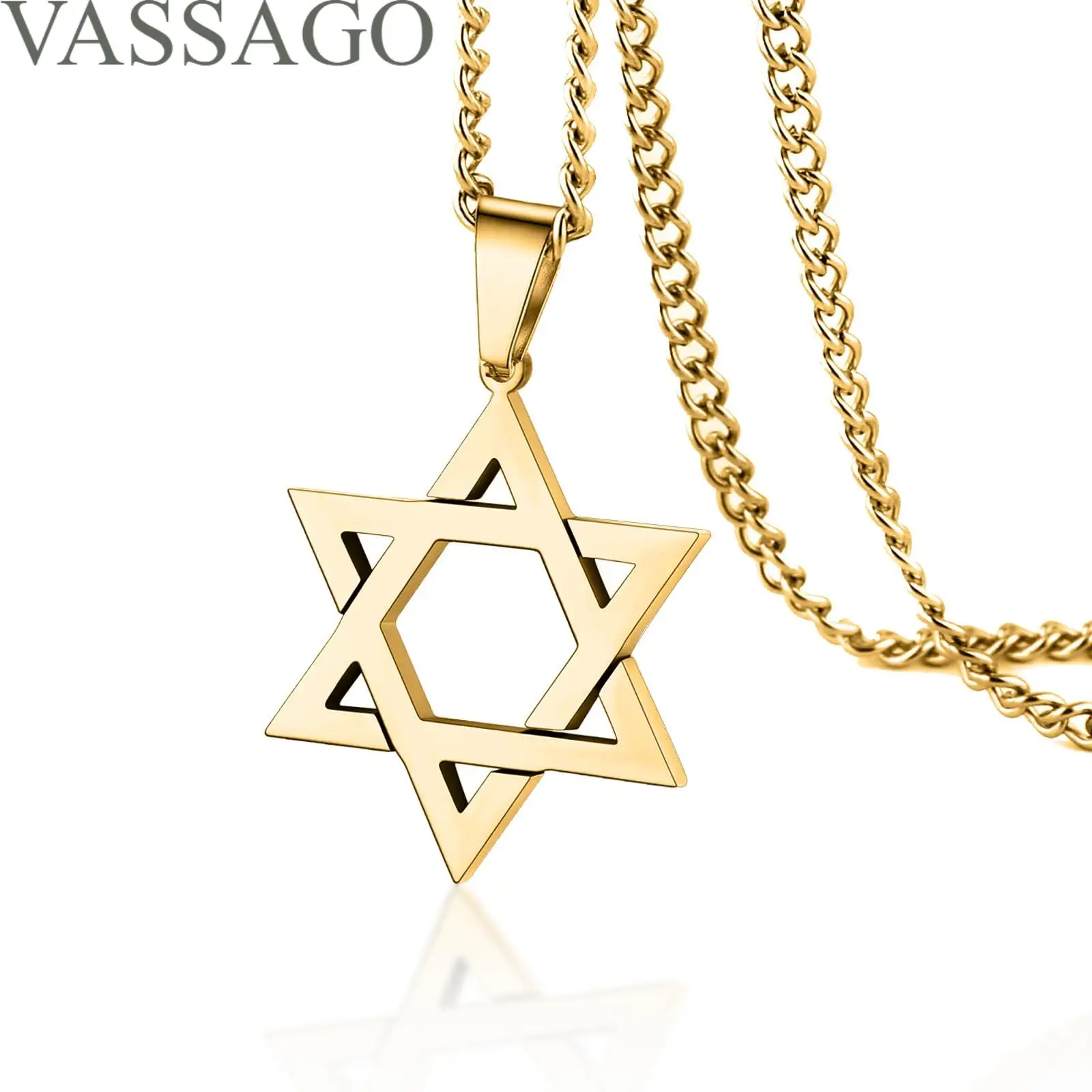 VASSAGO Star of David Pendant Necklace Solomon Six-Pointed Star Talisman Stainless Steel Hexagram Jewish Israel Jewelry for Men