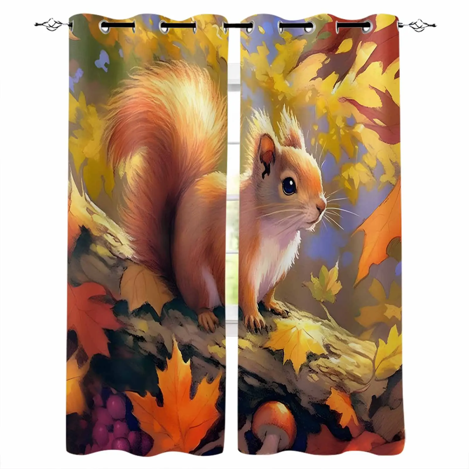 Forest Squirrel Maple Leaf Mushroom Blackout Curtains For Living Room Bedroom Window Treatment Blinds Drapes